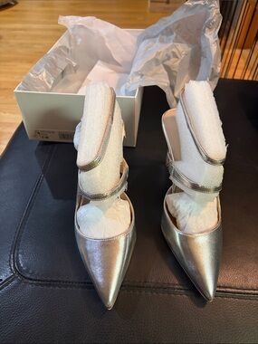 Charles David Metallic Silver Pointed Toe Double-Strap Heels